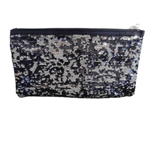 Victoria Secret Sequin Clutch Purse Black Silver Double Zip Pockets Sparkly Glam - Picture 2 of 6